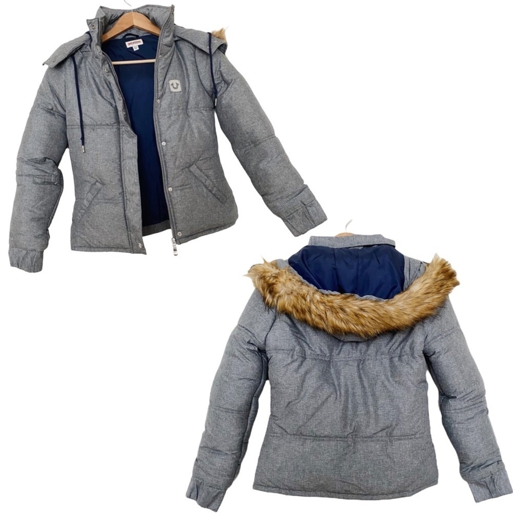 NEW TRUE RELIGION SNOW SKI PUFFER BOMBER JACKET GRAY FUR HOOD WINTER COAT